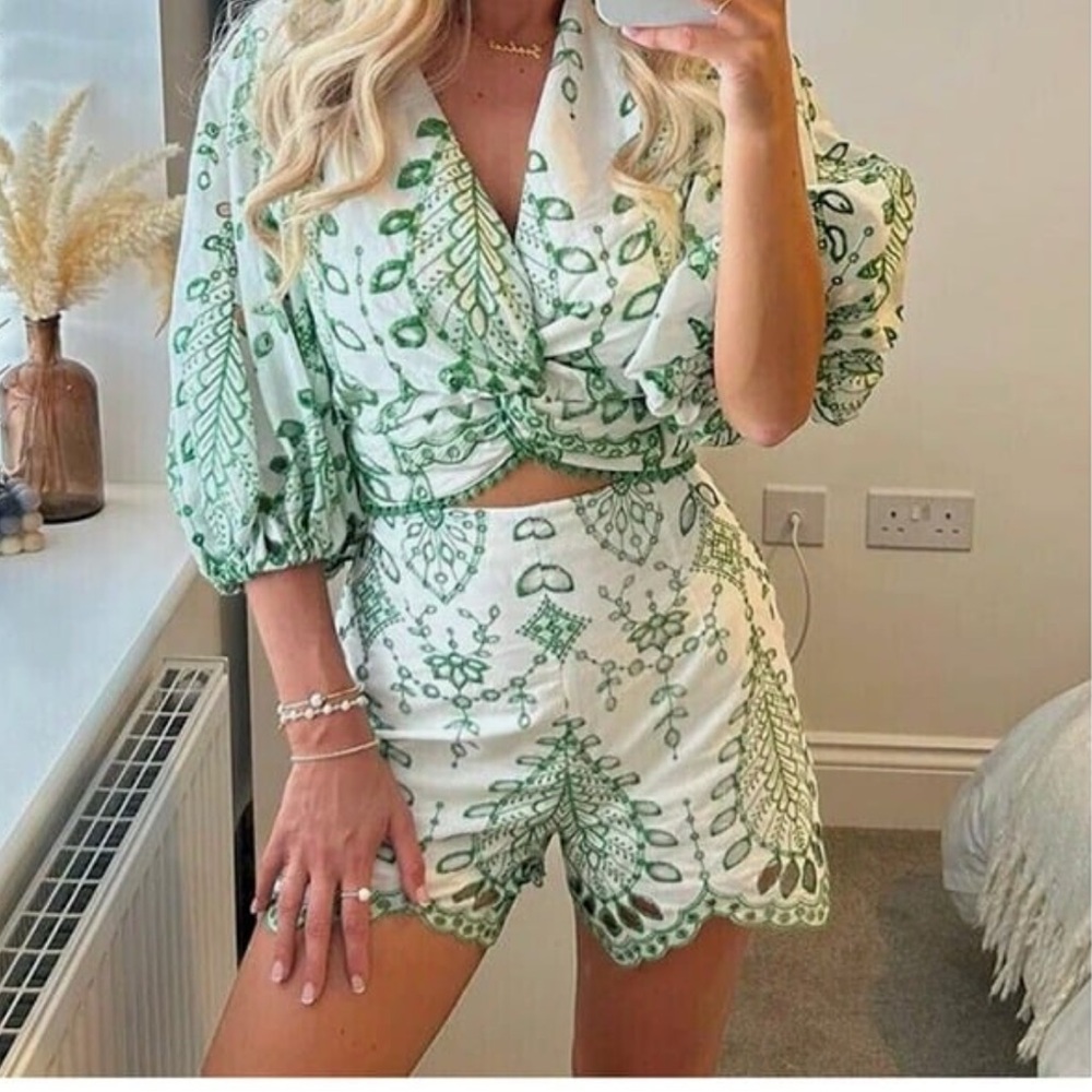 Zara Green & White Embroidered Two-Piece Crop Top and Shorts Set